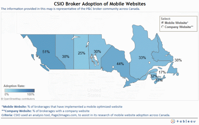 CSIO Broker Adoption of Mobile Websites - the information provided in this map is representative of the P&C broker community across Canada