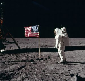 Buzz Aldrin salutes the first American flag erected on the Moon, July 21, 1969 (photo by Neil Armstrong)